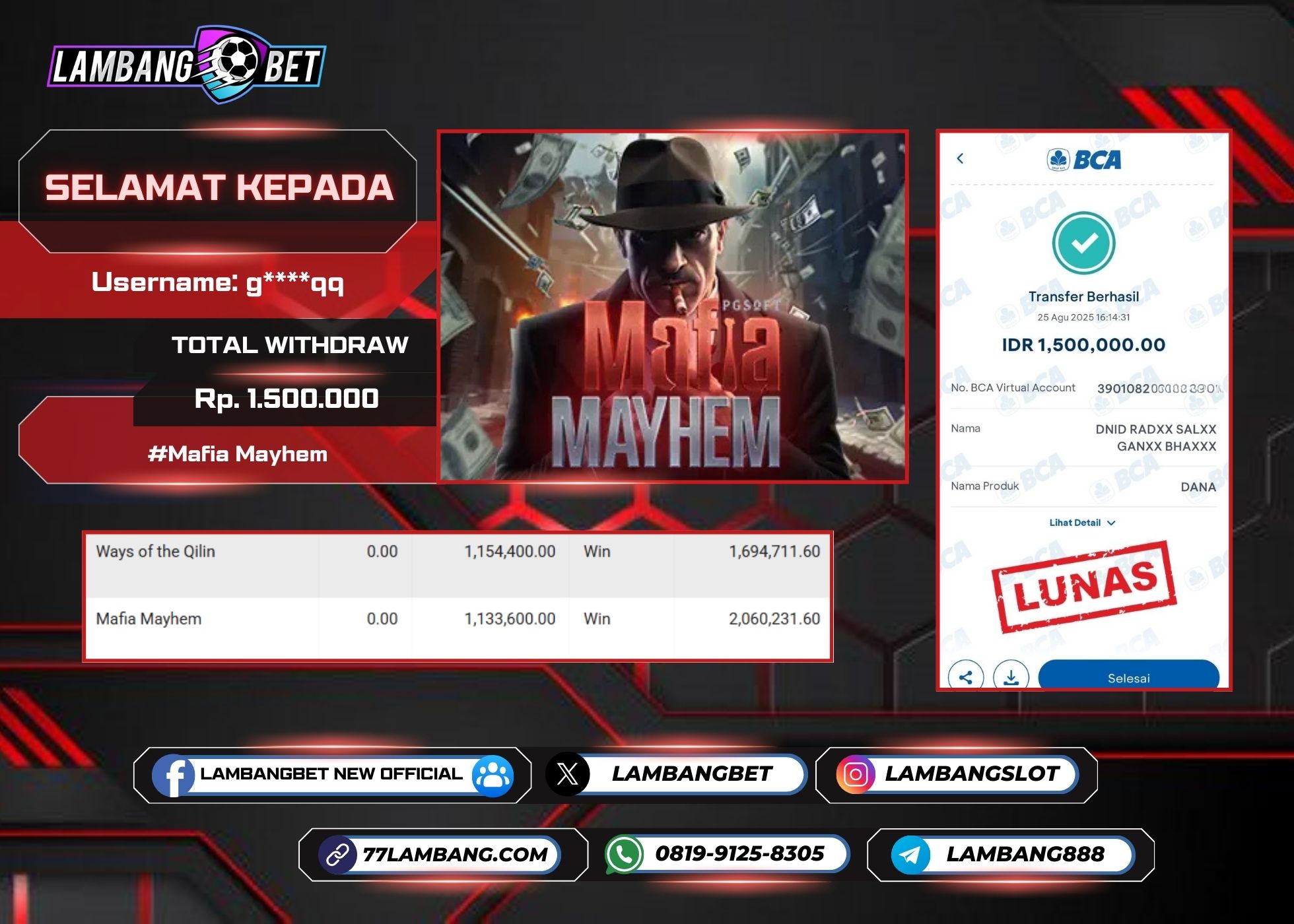 LAMBANGBET [25 AUGUST 2025] JACKPOT SLOT Mafia Mayhem "Rp1.500.000" LUNAS